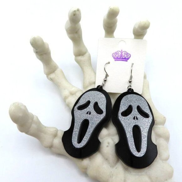 Ghost Face Black Silver Glitter Dangle Earrings Halloween Scream Horror Spooky - Picture 7 of 8